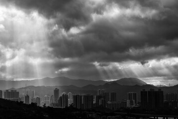 Silhouette of skyline of Yuen Long district, Hong Kong city