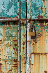 Closeup of padlock on rusty metal door of abandoned building