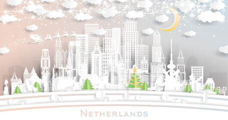 Netherlands Skyline in Paper Cut Style with Snowflakes, Moon and Neon Garland.