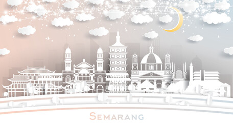 Semarang Indonesia City Skyline in Paper Cut Style with White Buildings, Moon and Neon Garland.