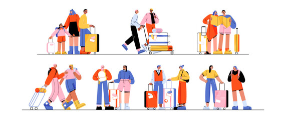 Obraz na płótnie Canvas Family, couples and friends travel. Diverse people standing with suitcases and backpacks, walk and push cart with luggage, look at map, vector cartoon illustration