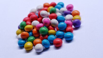 Marbles candy, Lollipops sweets. Candy, top view flat lay on white background. Sweet sucker, lollipop, candy, isolated minimal concept above decoration, food background