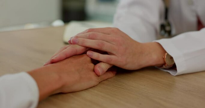 Doctor holding hands with patient in empathy, trust and support, help or advice in healthcare consulting. Kindness, counseling and psychology therapy, hope and mental health service from psychologist