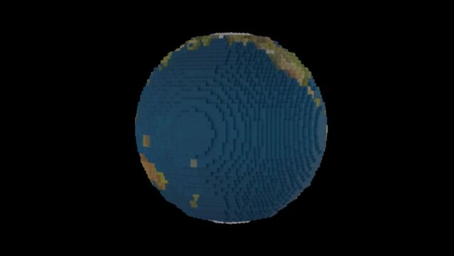 Earth made of toy blocks starting from one block and gradually growing to many. The blocks gradually turn red and orange  until the planet breaks apart and there is darkness - 3D Render Animation