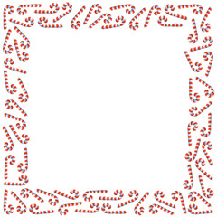 Vector background, frame, border from red candy cane. Bright edging, decoration on theme sweet New Year and Christmas. For greeting cards, invitations, xmas design