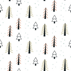 Cute outline Christmas tree seamless pattern. Minimalist doodle Pine Paper Baby Shower Scandinavian wallpaper background. Textile fabric design for kids