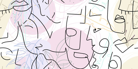 One line drawing. Abstract face seamless pattern.