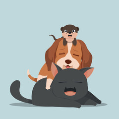 Cute animals friendship. Otter, dog, and a cat hug each other while sleeping.