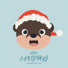 Cute head of the otter wearing santa hat. Christmas greeting card concept illustration.