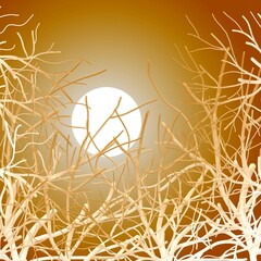 the sun in the sky with golden brown  without leaf branches.