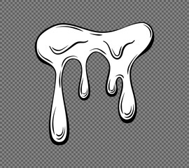 Dripping liquid outline on a transparent background. Contoured black and white illustration of a flowing viscous liquid. Wax, honey, slime. Vector. 
