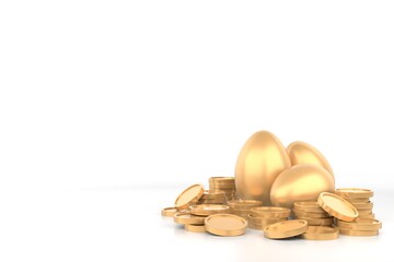 Gold eggs with coins isolated on white background. 3D rendering. 