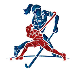 Fototapeta premium Field Hockey Sport Team Female Players Action Together Cartoon Graphic Vector