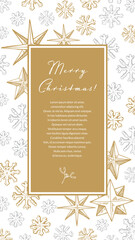 Obraz na płótnie Canvas Merry Christmas and Happy New Year vertical greeting card with hand drawn golden five pointed stars and snowflakes. Vector illustration in sketch style. Social media stories template