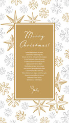 Merry Christmas and Happy New Year vertical greeting card with hand drawn golden five pointed stars and snowflakes. Vector illustration in sketch style. Social media stories template