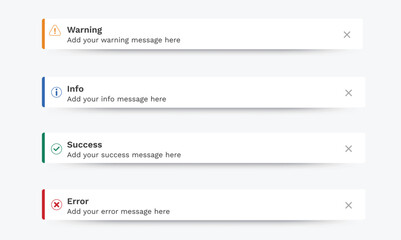 Notification messages, Success, Warning, Error, Info. Toast, push notification, pop-up notification, passive popup, snack bar, desktop notification message for web design, mobile. Vector UI Elements.