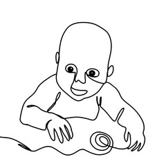 A child drawn with a single line. A baby is playing with a knitting ball.