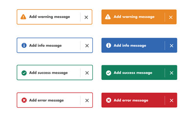 Notification messages, Success, Warning, Error, Info. Toast, push notification, pop-up notification, passive popup, snack bar, desktop notification message for web design, mobile. Vector UI Elements.