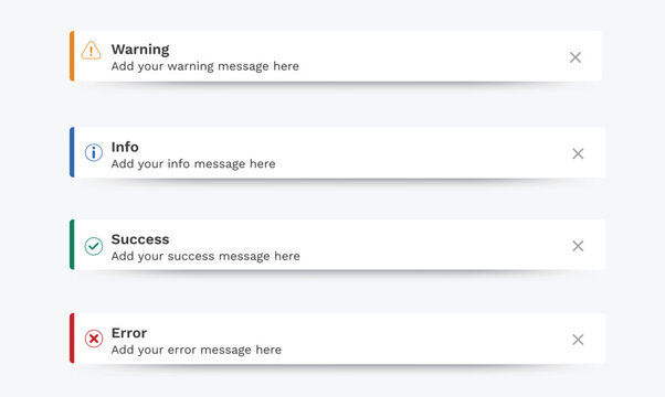 Notification Messages, Success, Warning, Error, Info. Toast, Push Notification, Pop-up Notification, Passive Popup, Snack Bar, Desktop Notification Message For Web Design, Mobile. Vector UI Elements.