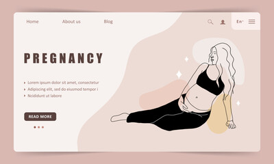 Happy pregnancy landing page template. Website about preparation for childbirth and motherhood. Prenatal period. Linear pregnant woman in black underwear. Vector illustration in minimalistic style.