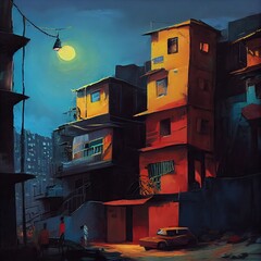 Colorful and vibrant shantytown at midnight full moon. Overpopulated favela multi storey square houses and shops built from wood and corrugated steel panels. Digital oil painting art.	
