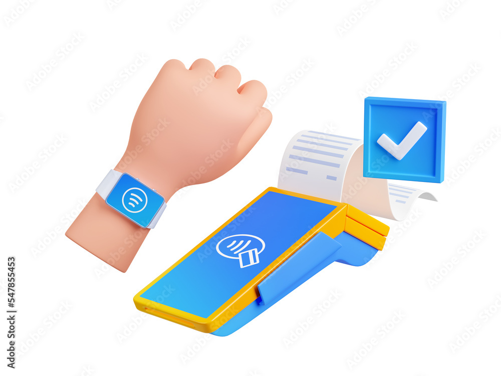 Poster 3d render hand paying with smart watch on pos terminal. smart technologies for contactless payment c
