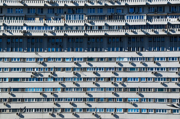Close-up of the facade of a multi-storey soviet building