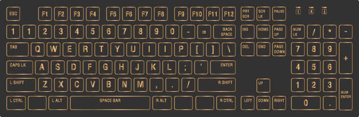 Vector golden black computer keyboard drawing. Luxury style.