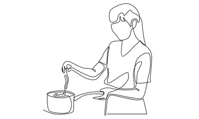 Continuous line of girl cooking food