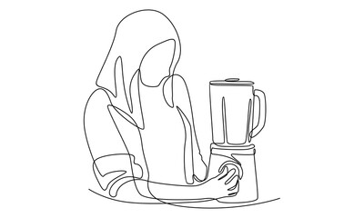 Continuous line of woman stands in front of a blender