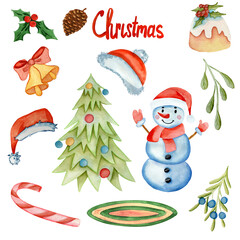 Christmas forest set with snowman. Christmas tree winter floral elements, poinsettia, mistletoe, bouquets, berries, flowers, snow and snowflakes. christmas symbols and elements. Happy New Year 2023