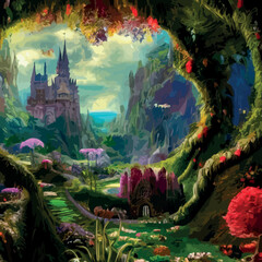Fototapeta na wymiar Fantasy Castle in an enchanted garden, Fairy tale landscape, magnificent scenery. Original digital vector illustration. Beautiful park or garden