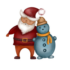 Cute Santa Claus in a red coat and orange pants, with a big beard is hugging a snowman in a small brown hat, cute Christmas picture