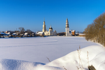 Historical leaning tower and church in the Ural town of Nevyansk (Russia) in winter.
