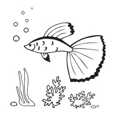 A fish with a big tail in doodle style on a white background. Vector illustration isolated for decoration, postcards