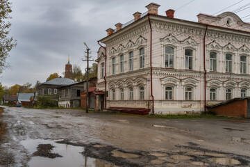 Ancient architecture of the Ural town Kungur (Russia) on a rainy day.