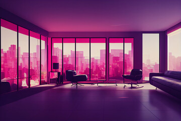 Cyberpunk modern style living room, neon lighting and magenta colors, wide glass window - AI Generated illustration