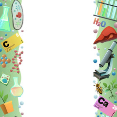 Chemistry seamless vertical frame. Cartoon style. Science items picture. Study of living cells of plants, animals and humans. Isolated on white background. Vector.