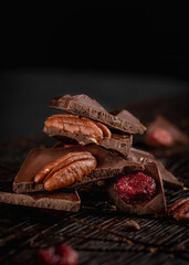 Pieces of milk chocolate with nuts on a dark background. Chocolate close-up