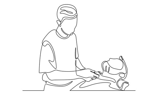 recommend clip art: Continuous line of hairstylist serving client at barbershop