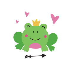 Childish vector illustration of cute frog princess isolated on white background for your design