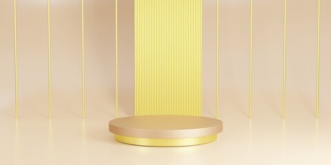 Gold and cream cylindrical plinth, minimal abstract background for fashion cosmetic product presentation. 3d rendering.