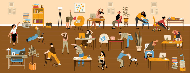 People doing stretching exercises in office. Work break for relax and stretch body on workplace. Men and women making physical activity and yoga on chair at desk, vector hand drawn illustration