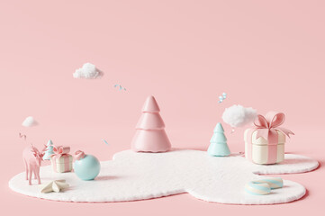 Merry Christmas and happy new year, Christmas decoration composition on pastel pink background. 3d rendering