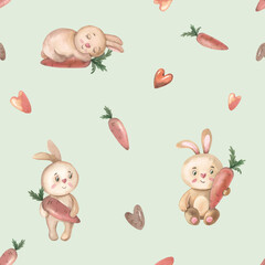 ОсновBunnies with carrot on green background. Watercolor animals for Easter. Seamless pattern with cute rabbit. Baby hare wth vegetable and hearts. Watercolour print for kids textile, fabric, pные RGB