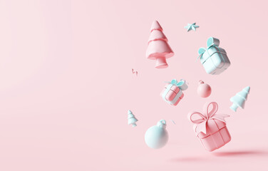Merry Christmas and happy new year, Christmas decoration composition on pastel pink background. 3d rendering