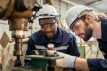 Team of engineers practicing maintenance Taking care and practicing maintenance of old machines in the factory so that they can be used continuously.