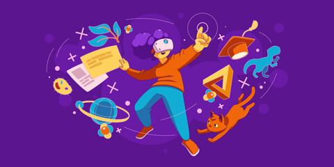 Vr education in metaverse augmented reality concept. Contemporary girl in glasses connected to virtual reality. Character immersion into cyberspace digital platform. Cartoon linear vector illustration