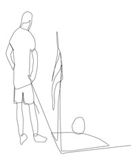 A corner kick in football. One line art. Continuous line drawing of football on a white background.