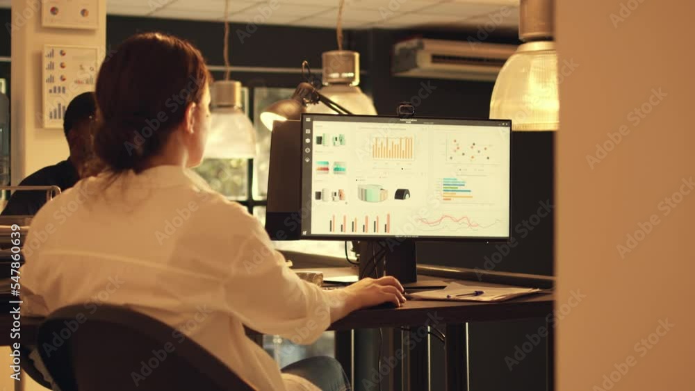 Poster office worker analyzing financial shares on computer, working with to plan report and send email. lo